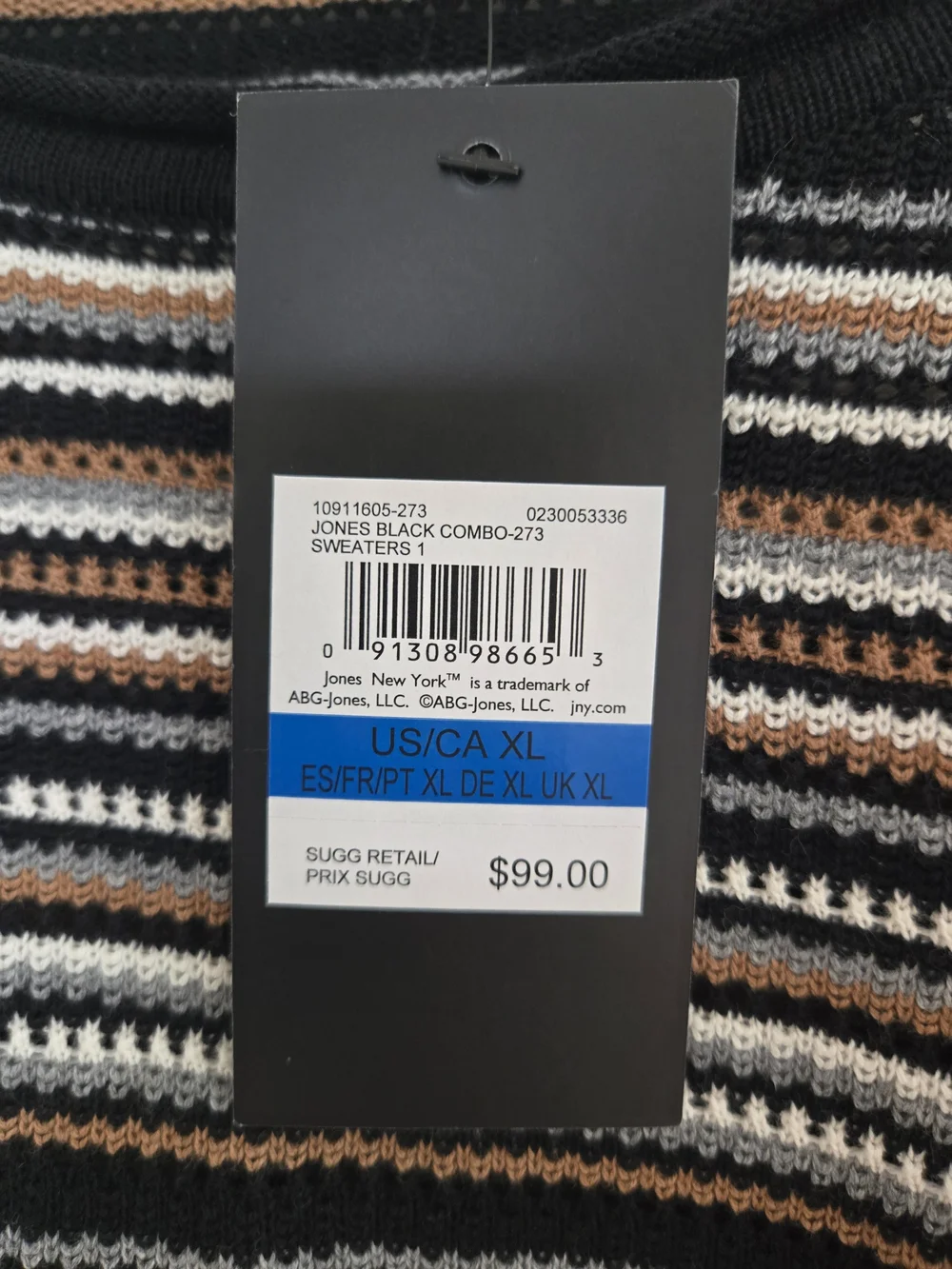 Jones New York Striped Long Sleeve Knit Crew Neck Sweater in Black, White, Tan - Picture 7 of 8